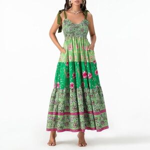 Floral Maxi Boho Dress smocked sleeveless bow tie shoulder Pockets Size Small
